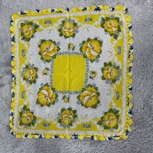 Lovely Vintage Hankie Yellow and Blue Pansies Handkerchief Crochet Trim Hanky